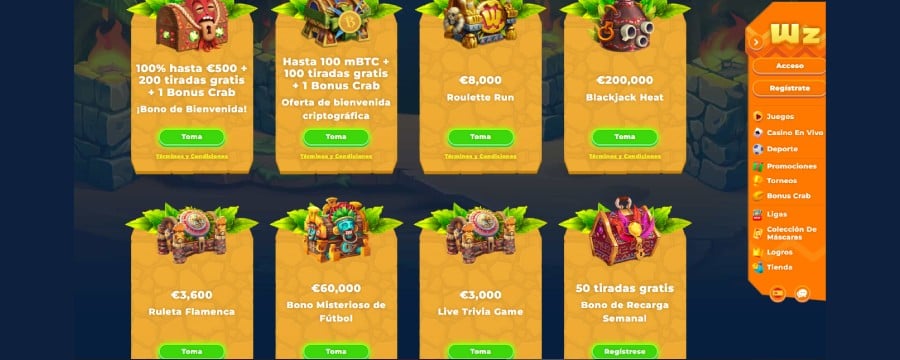 Página de bonificaciones Wazamba
