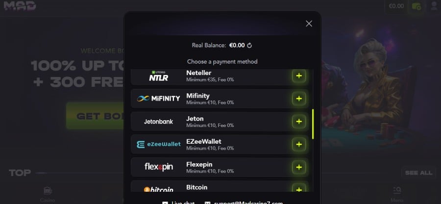 Método de pago Jeton en MadCasino