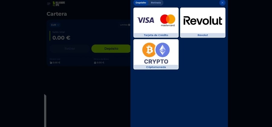 Captura de pantalla pagina de depósito Billionaire Spin