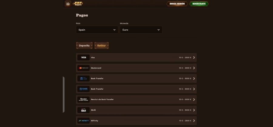Captura de pantalla pagina de depósito FatPirate