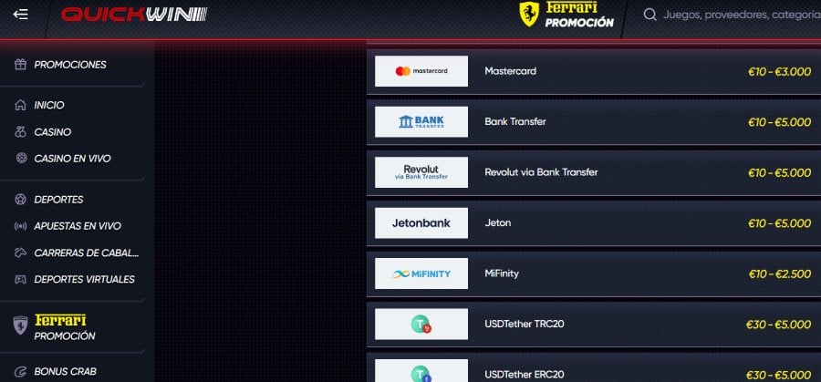 Captura de pantalla pagina de depósito Quickwin
