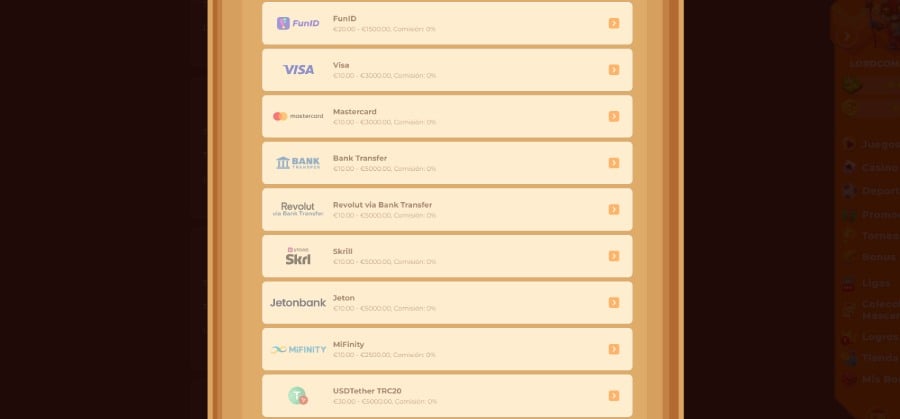 Captura de pantalla pagina de depósito Wazamba