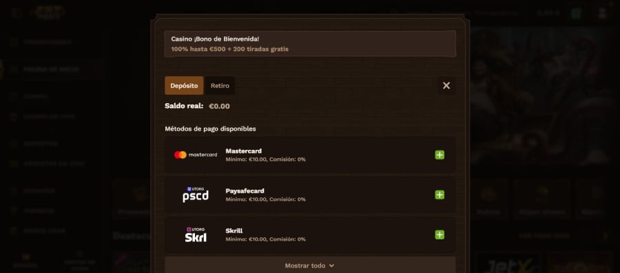 Captura de pantalla de un depósito con Skrill en Fat Pirate