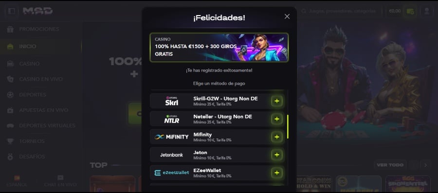 Captura de pantalla de un depósito con Skrill en MadCasino