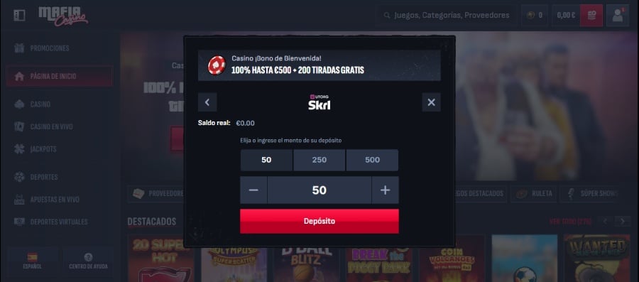 Captura de pantalla de un depósito con Skrill en Mafia Casino