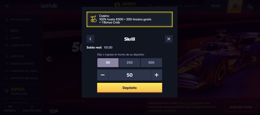 Captura de pantalla de un depósito con Skrill en Quickwin