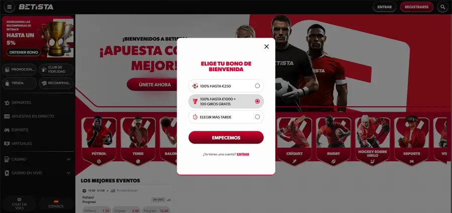 selección del bono de bienvenida betista casino