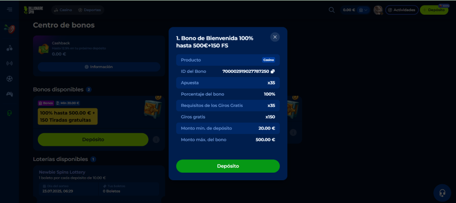 Captura de pantalla BillionaireSpin nuevo casino