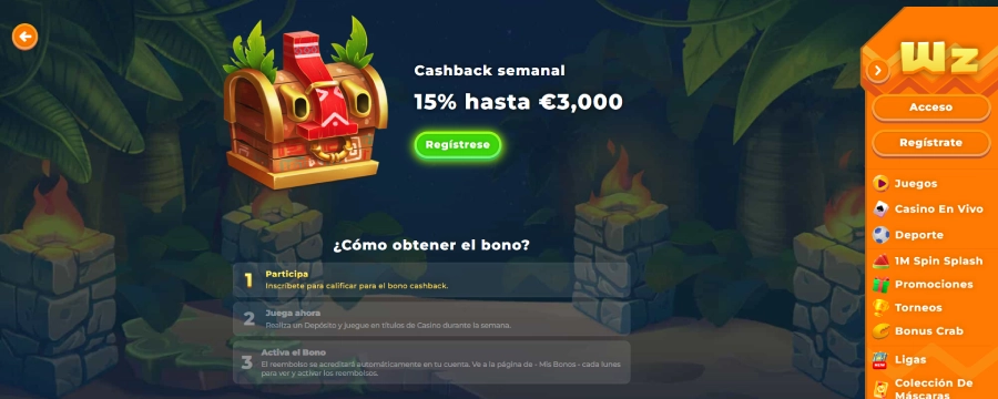 Captura de pantalla Wazamba top casino bono de cashback