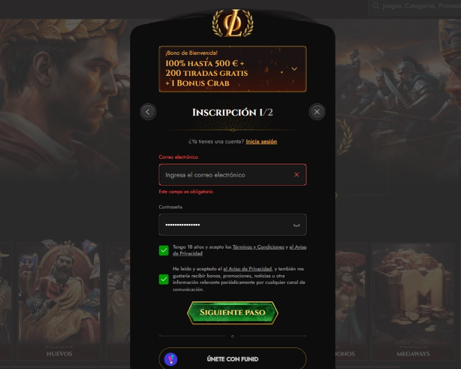 Registro en Legiano Casino, paso 3