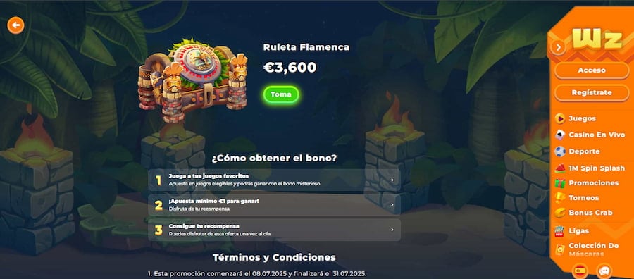 captura de pantalla de bono de ruleta en wazamba
