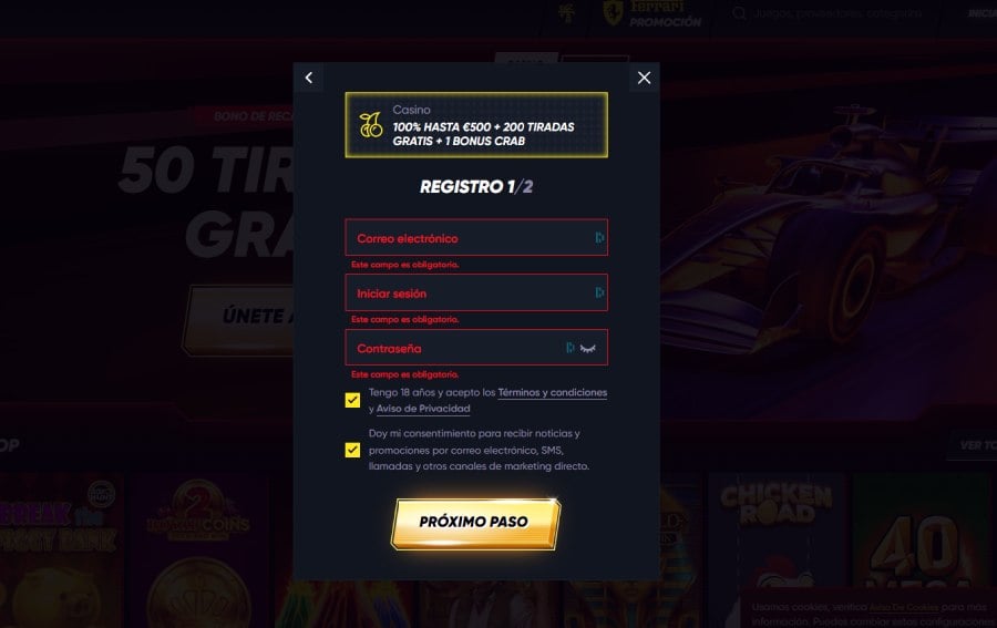 Captura de pantalla del primer formulario de registro