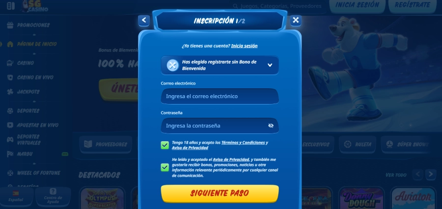 Registrarse en SG Casino paso3