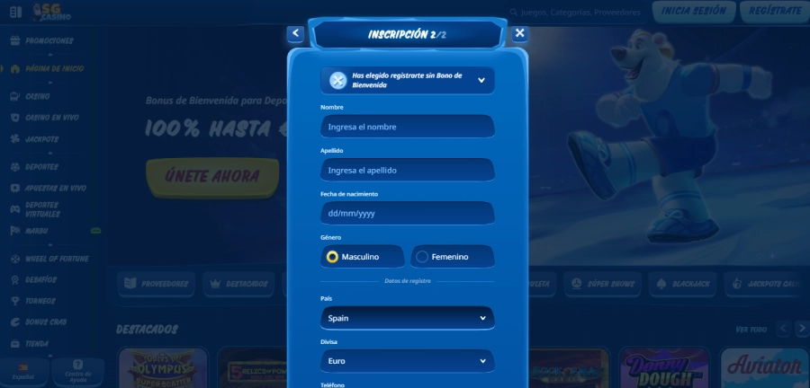 Registrarse en SG Casino paso4