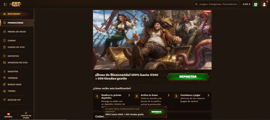 FatPirate bono 10 euros gratis sin depósito