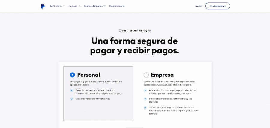 Crear una cuenta de PayPal