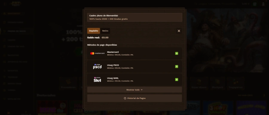 Elección del método de pago en FatPirate