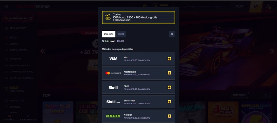 Quickwin con depósitos mínimos de 20 €