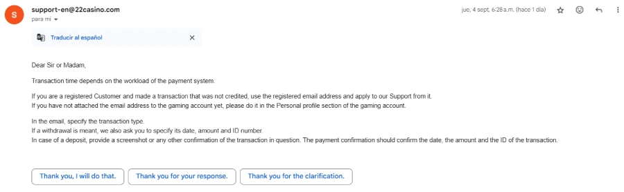 Email con el servicio de atención en 22Casino