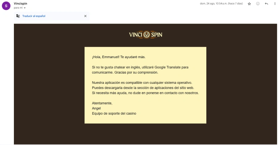 Email con los agentes de atención al cliente en VinciSpin