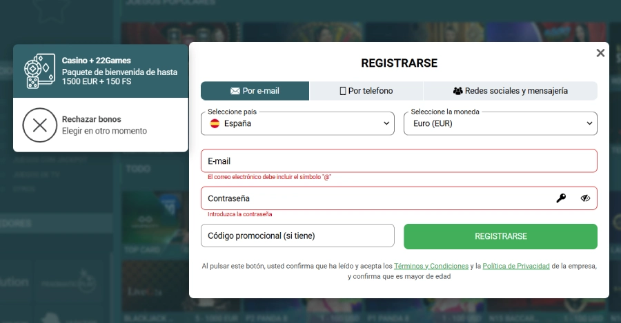 Formulario de registro 22Casino