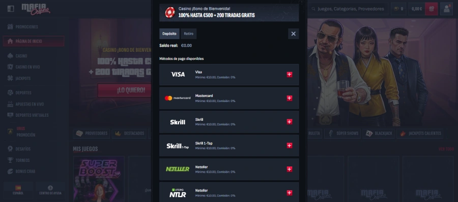 Primer depósito en MafiaCasino
