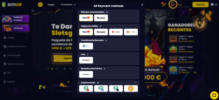 Métodos de pago en SlotsGem