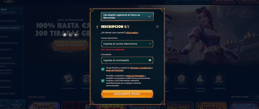 registrar en Monsterwin paso 3