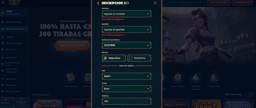 registrar en Monsterwin paso 4
