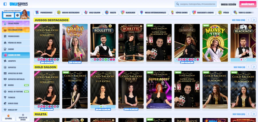 Casino en vivo en OnlySpins Casino