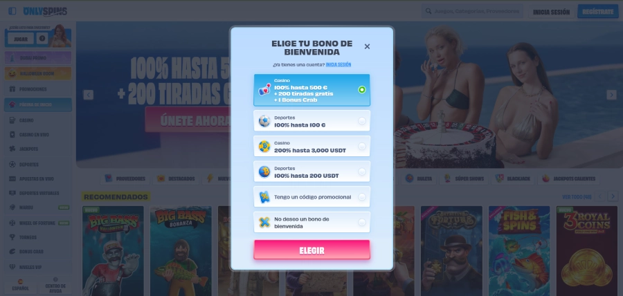 Registrarse en OnlySpins Casino paso 2