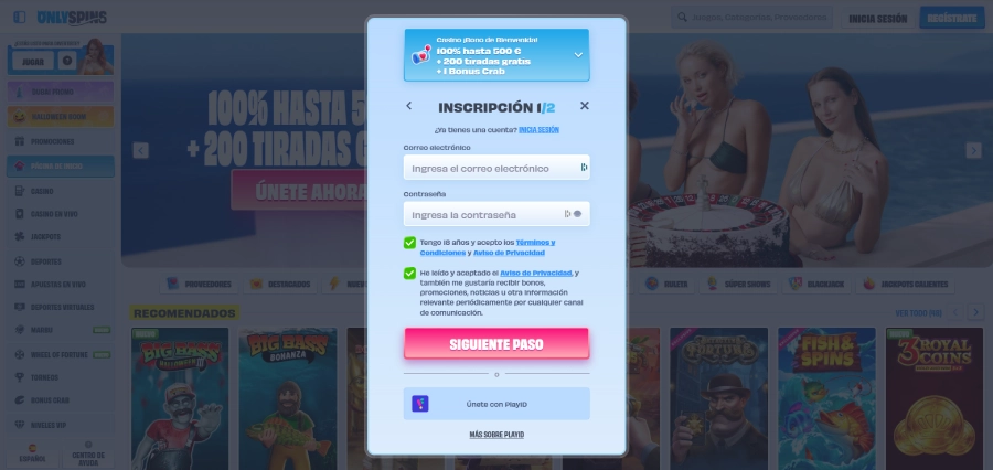 Registrarse en OnlySpins Casino paso 3