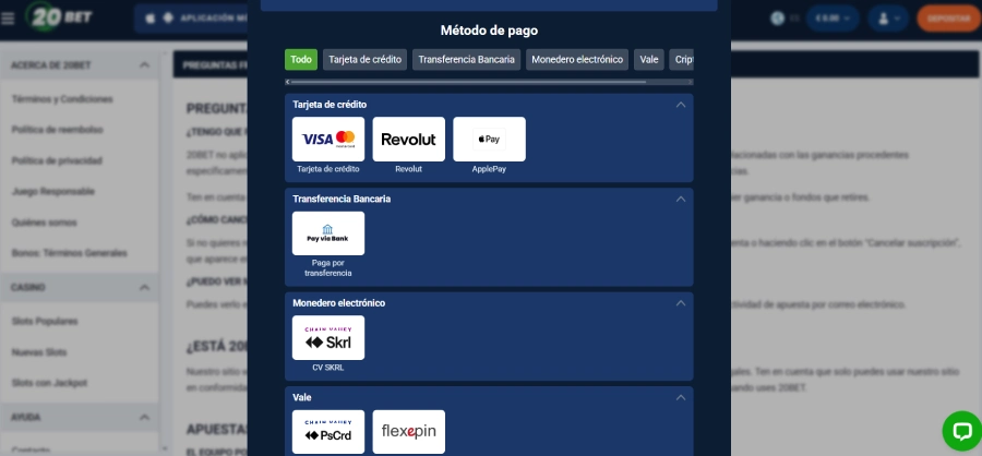 captura de pantalla metodo de pago 20bet