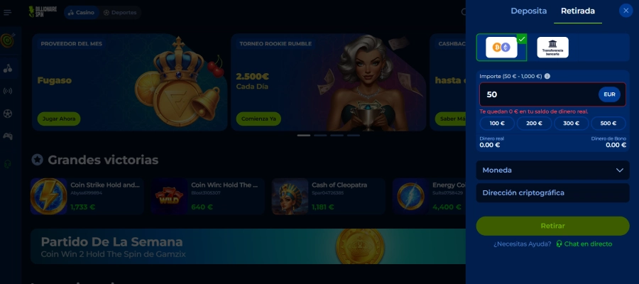 captura de pantalla metodo de pago billionaire spin