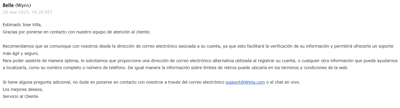 contacto vía email wyns casino