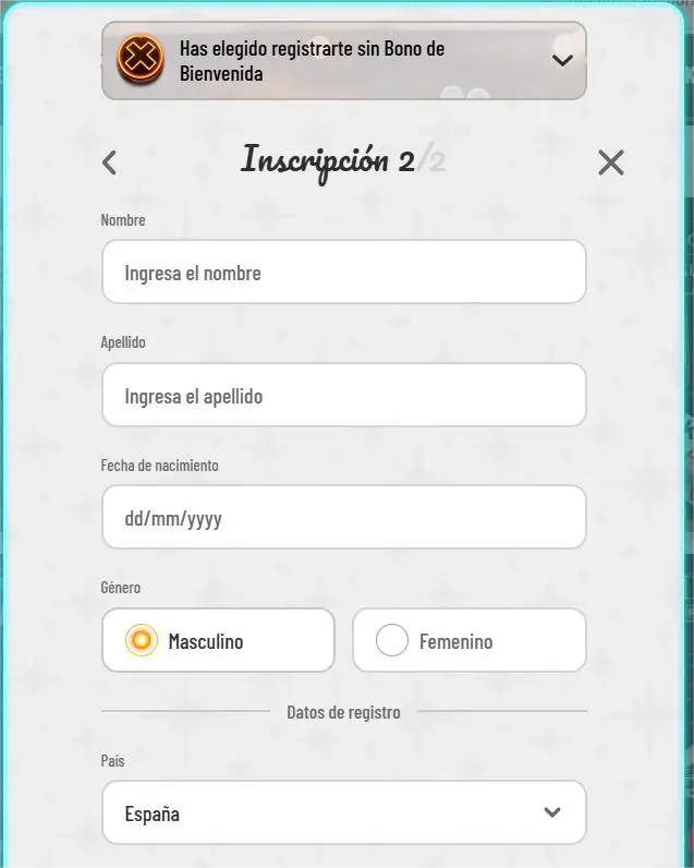 inscripción formulario wyns casino