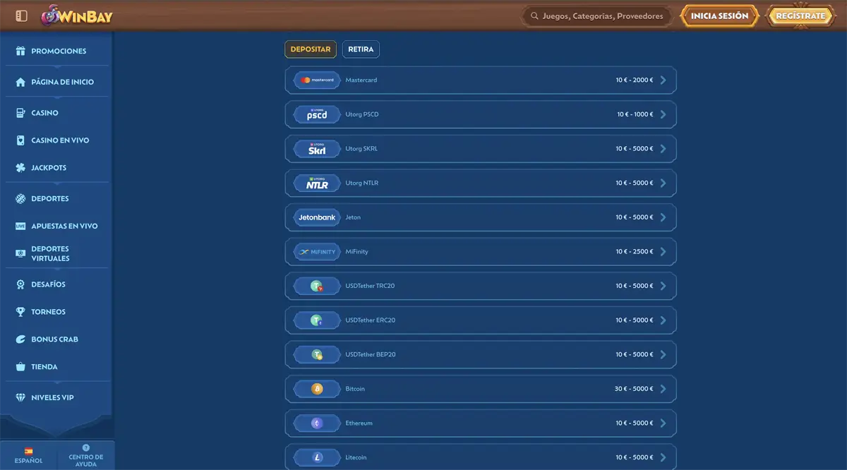 métodos de pago winbay casino