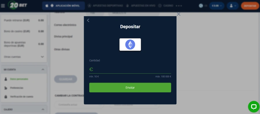 Depósito con Ethereum en 20bet