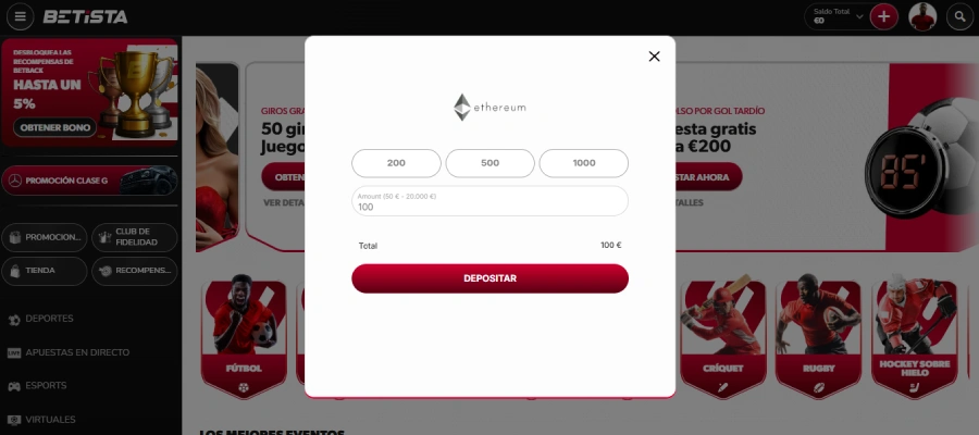 Depósito con Ethereum en betista