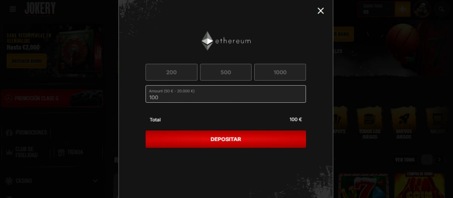 Depósito con Ethereum en Jokery