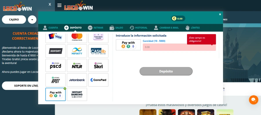 Depósito con Ethereum en Locowin